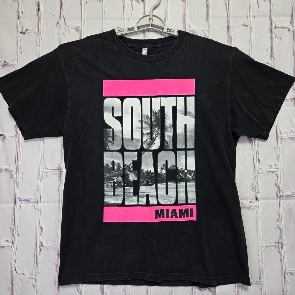 Alstyle Heavy‎ T-Shirt Black South Beach Miami Graphic Palm Tree Cotton Mens L